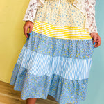Floral & Stripe Printed Tiered Midi Skirt - Butter/Sky - Lace and Grace Boutique