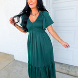 Smocked Washed Satin Tiered Maxi Dress - Emerald