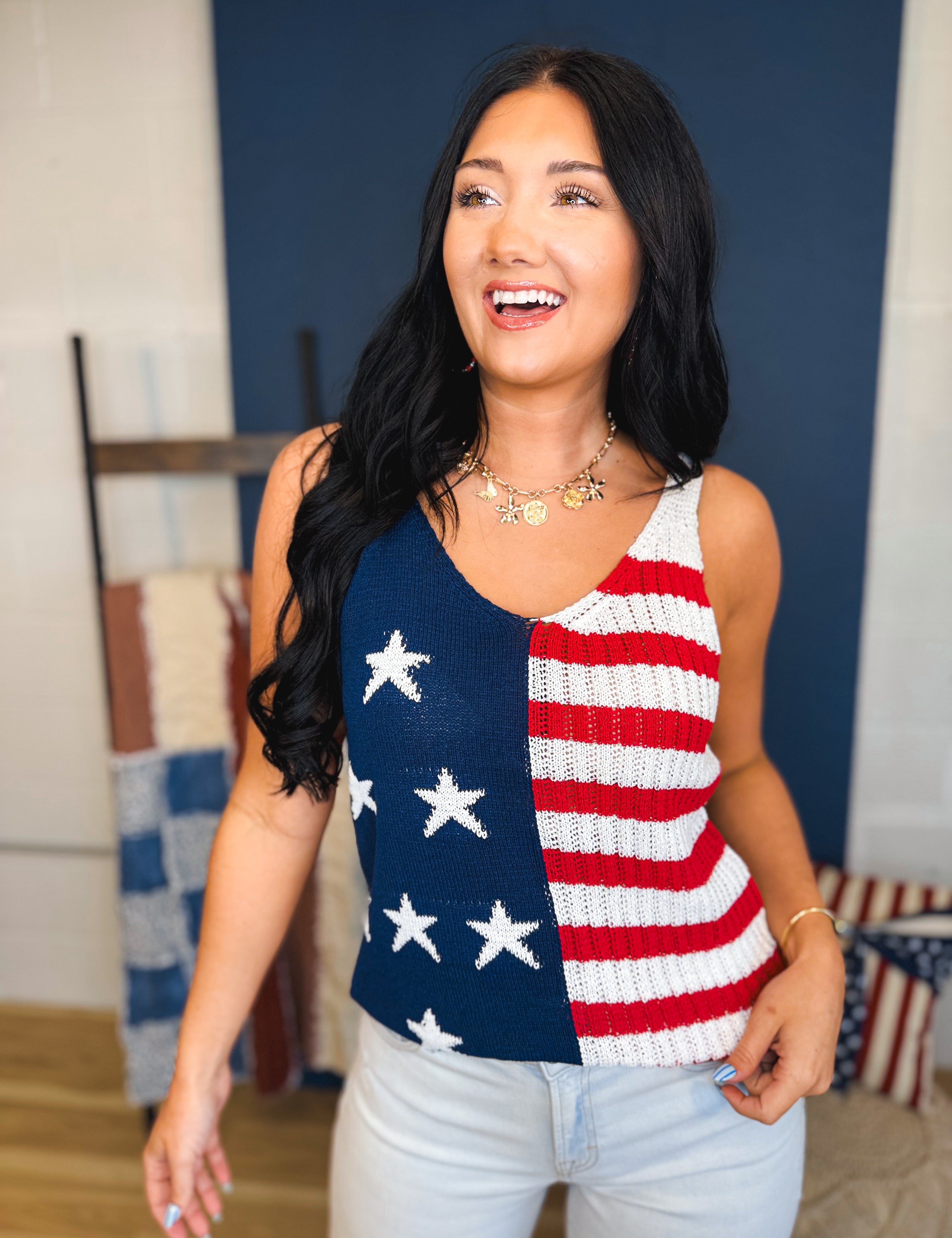 Fourth Of July Knit Tank Top - American Flag - Lace and Grace Boutique