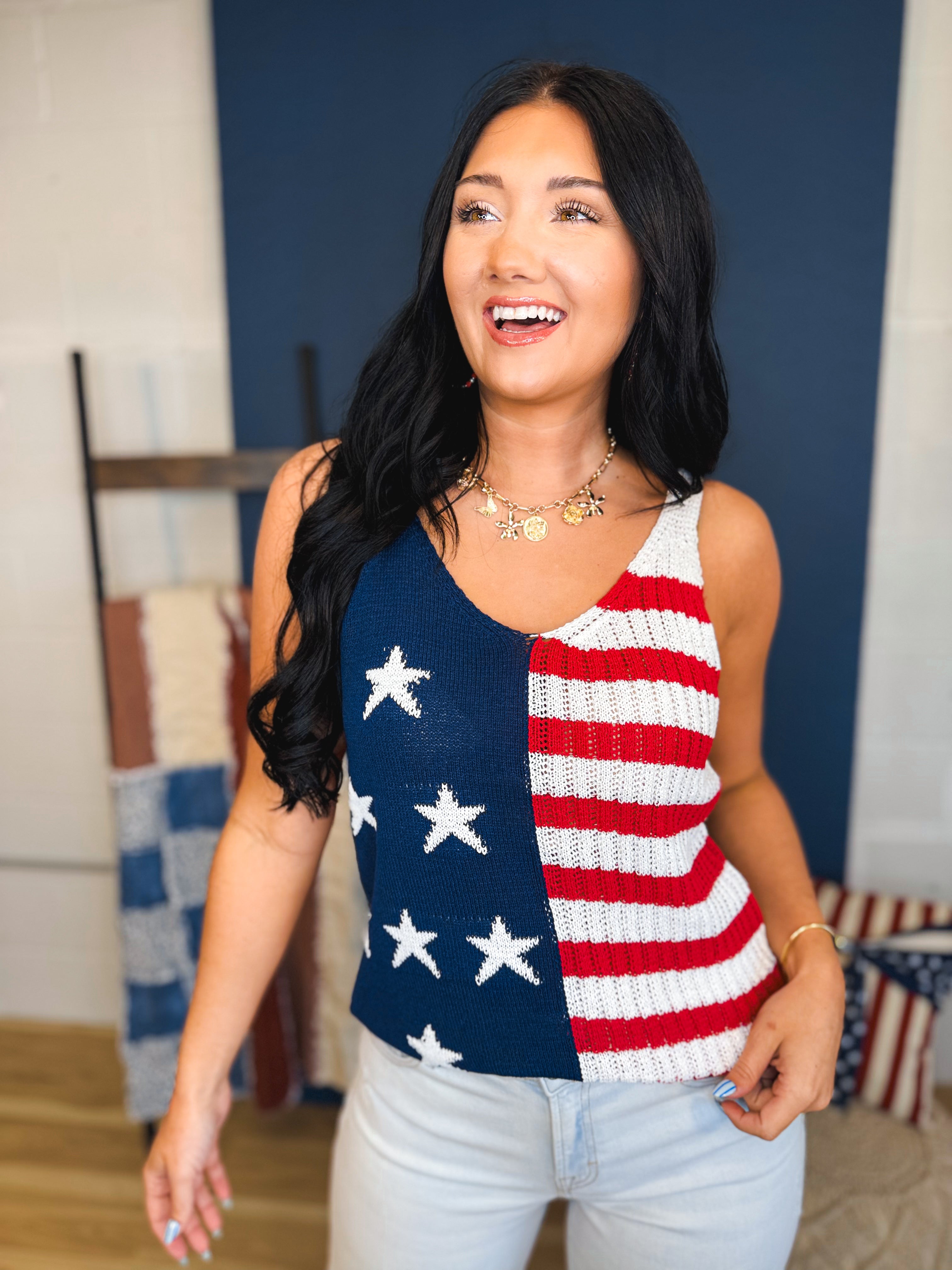 Fourth Of July Knit Tank Top - American Flag - Lace and Grace Boutique