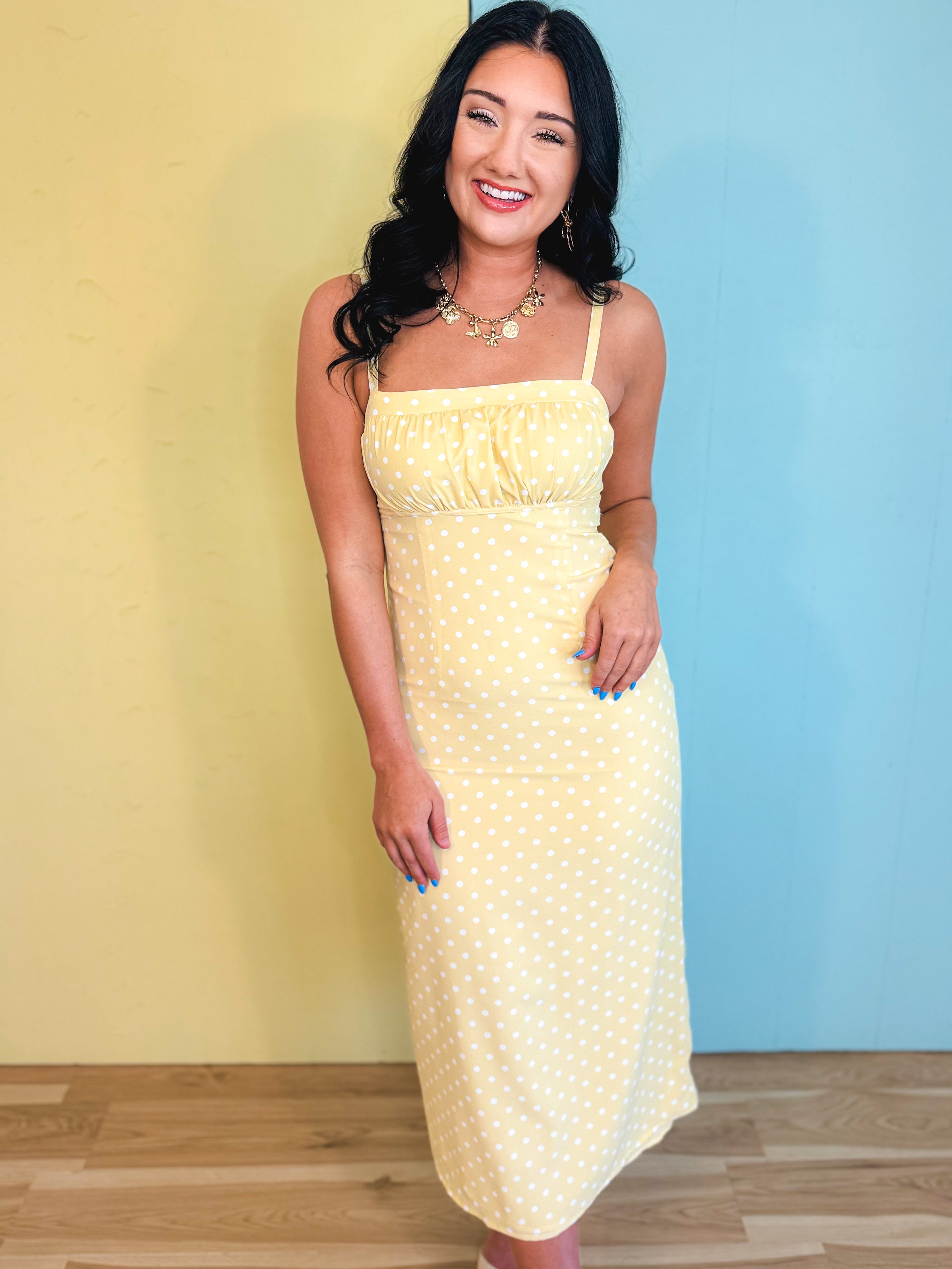 Square Neck Polka Dot Midi Dress - Butter/White - Lace and Grace Boutique