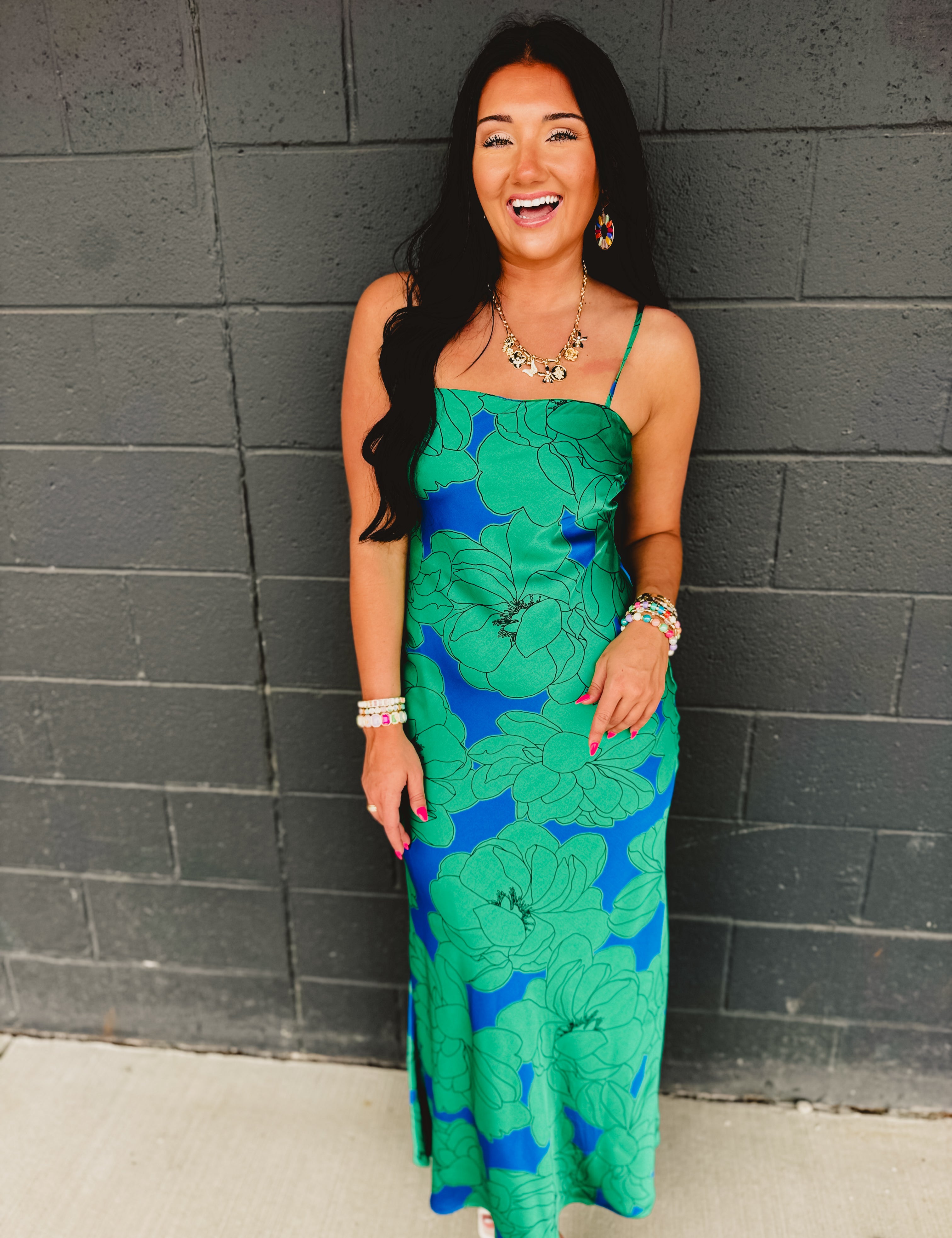 Floral Slip Maxi Dress - Blue/Green - Lace and Grace Boutique