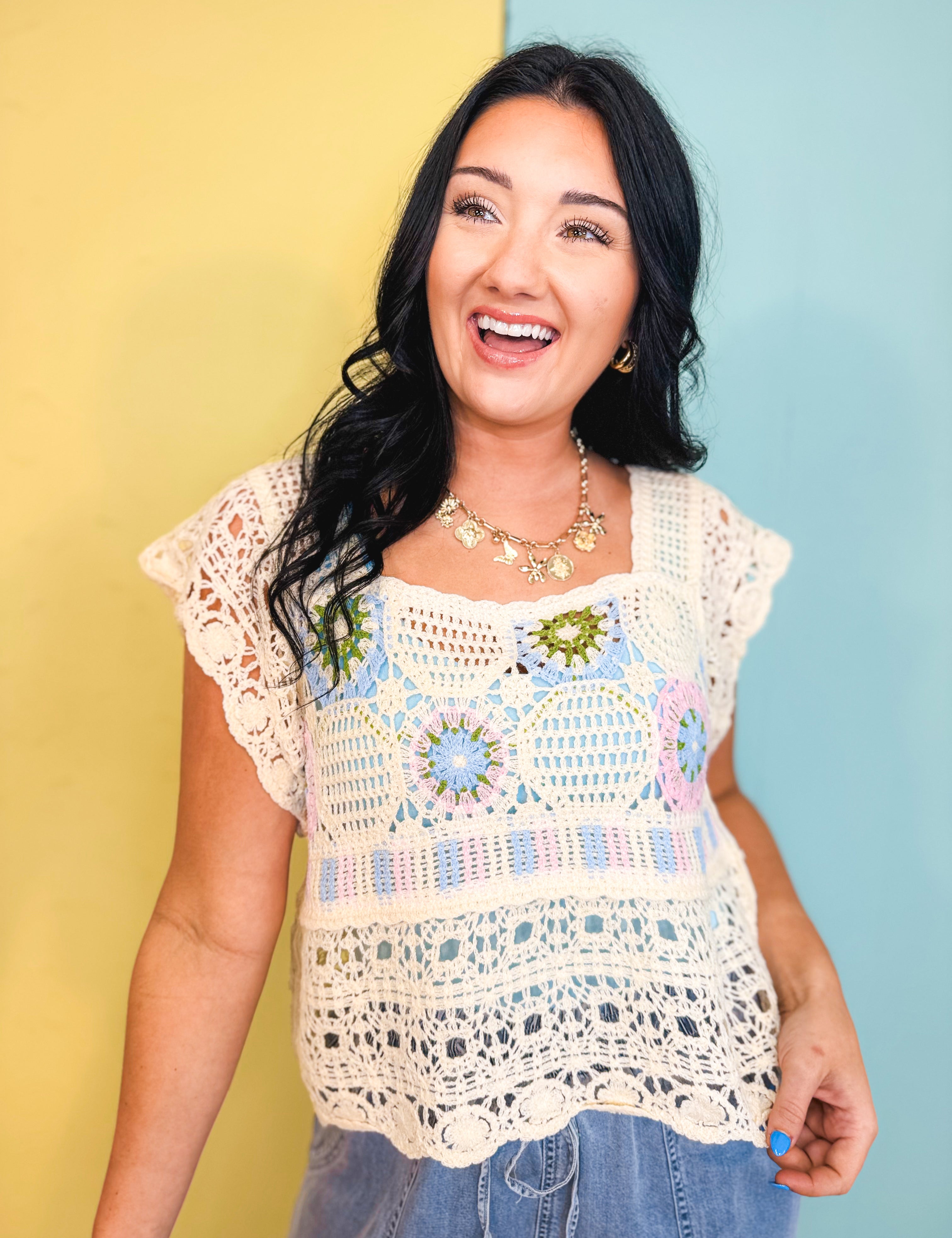 Multicolor Crochet Square Neck Crop Top - Natural - Lace and Grace Boutique