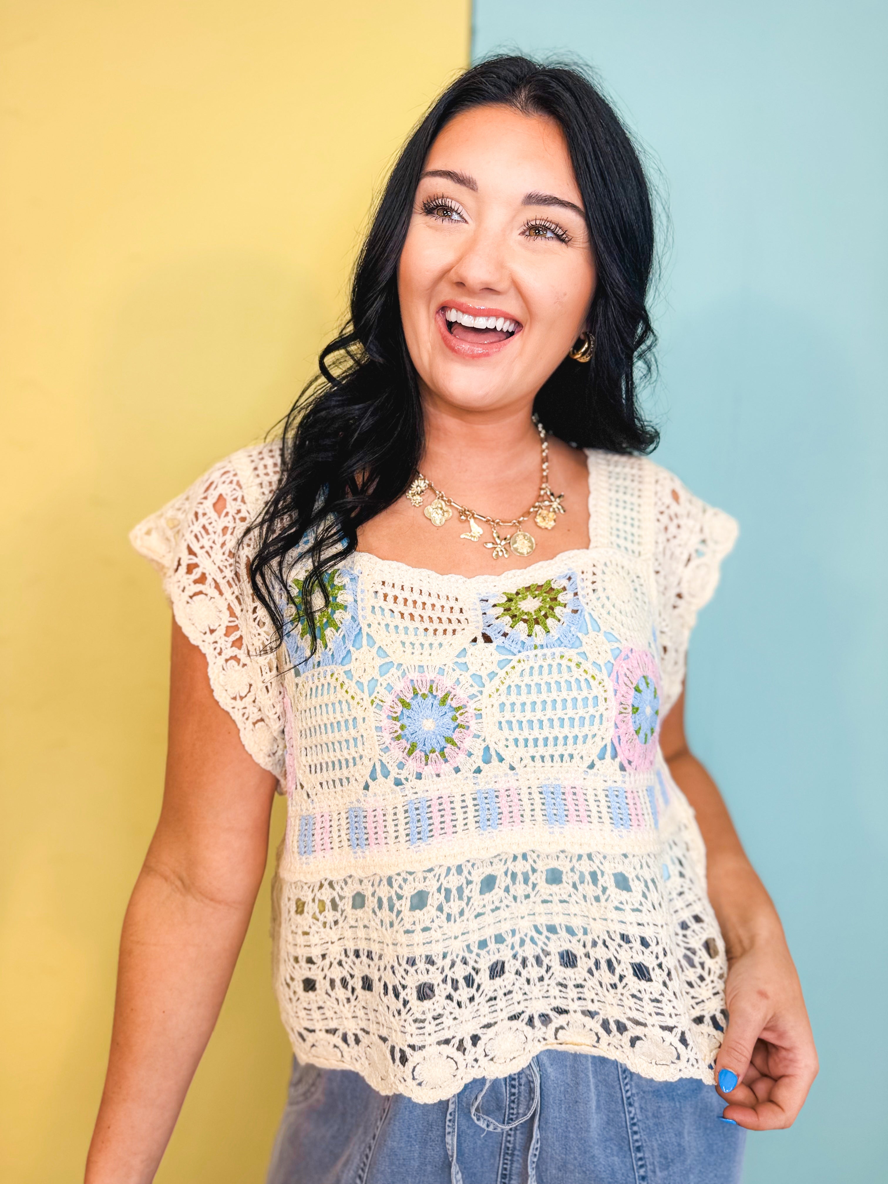 Multicolor Crochet Square Neck Crop Top - Natural - Lace and Grace Boutique