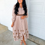 Embroidered Gingham Button Down Belted Maxi Dress - Sepia