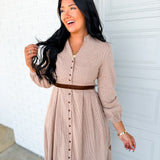 Embroidered Gingham Button Down Belted Maxi Dress - Sepia