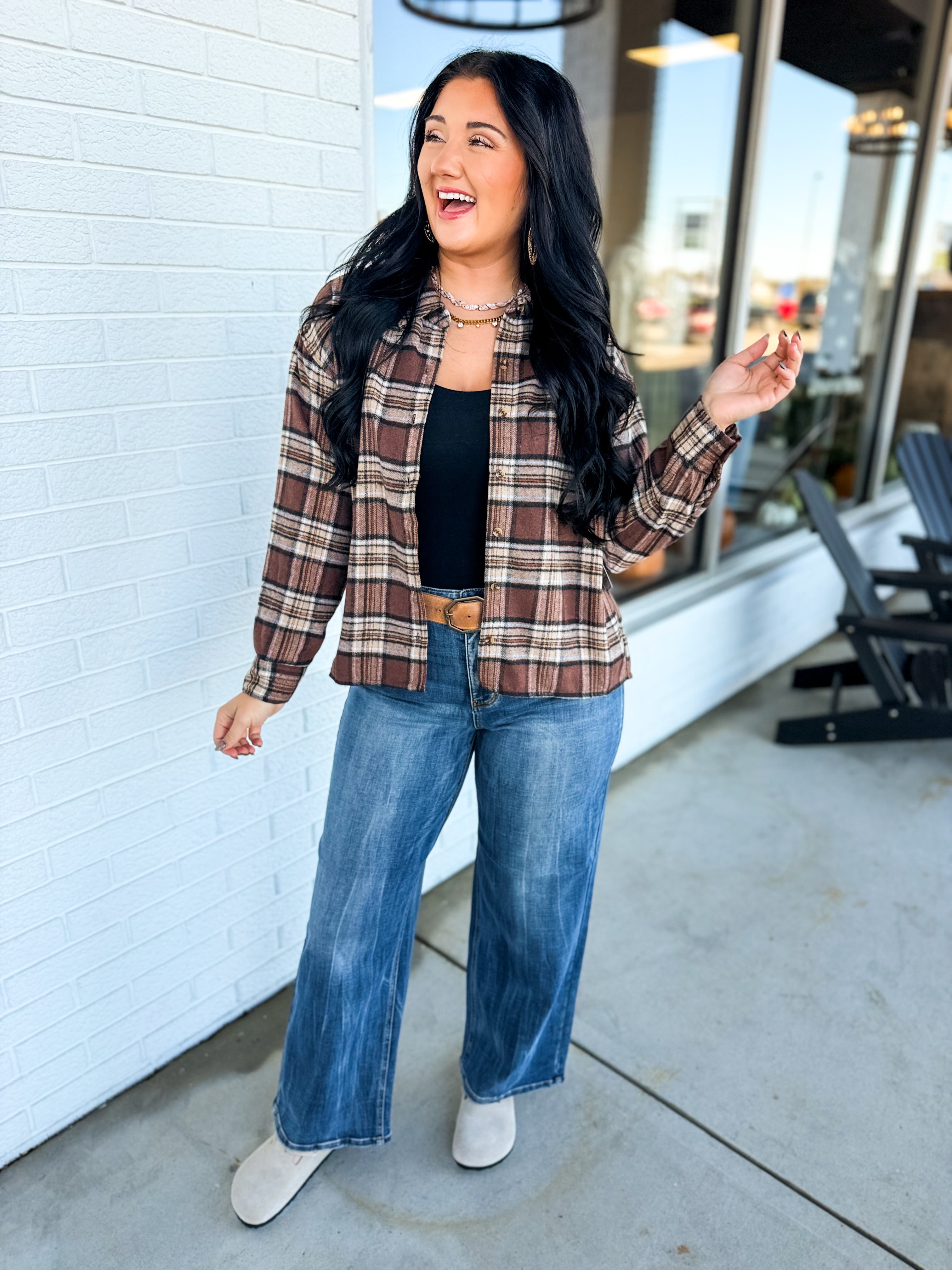 Plaid Printed Soft Button Up Cropped Woven Shirt - Aubrey - Lace and Grace Boutique