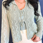 Scalloped Crochet Front Tie Sweater - Dark Sage - Lace and Grace Boutique