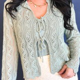 Scalloped Crochet Front Tie Sweater - Dark Sage - Lace and Grace Boutique