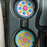 Natural Life Car Coasters, Set of 2 - Mustard Folk Flower