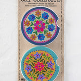 Natural Life Car Coasters, Set of 2 - Mustard Folk Flower