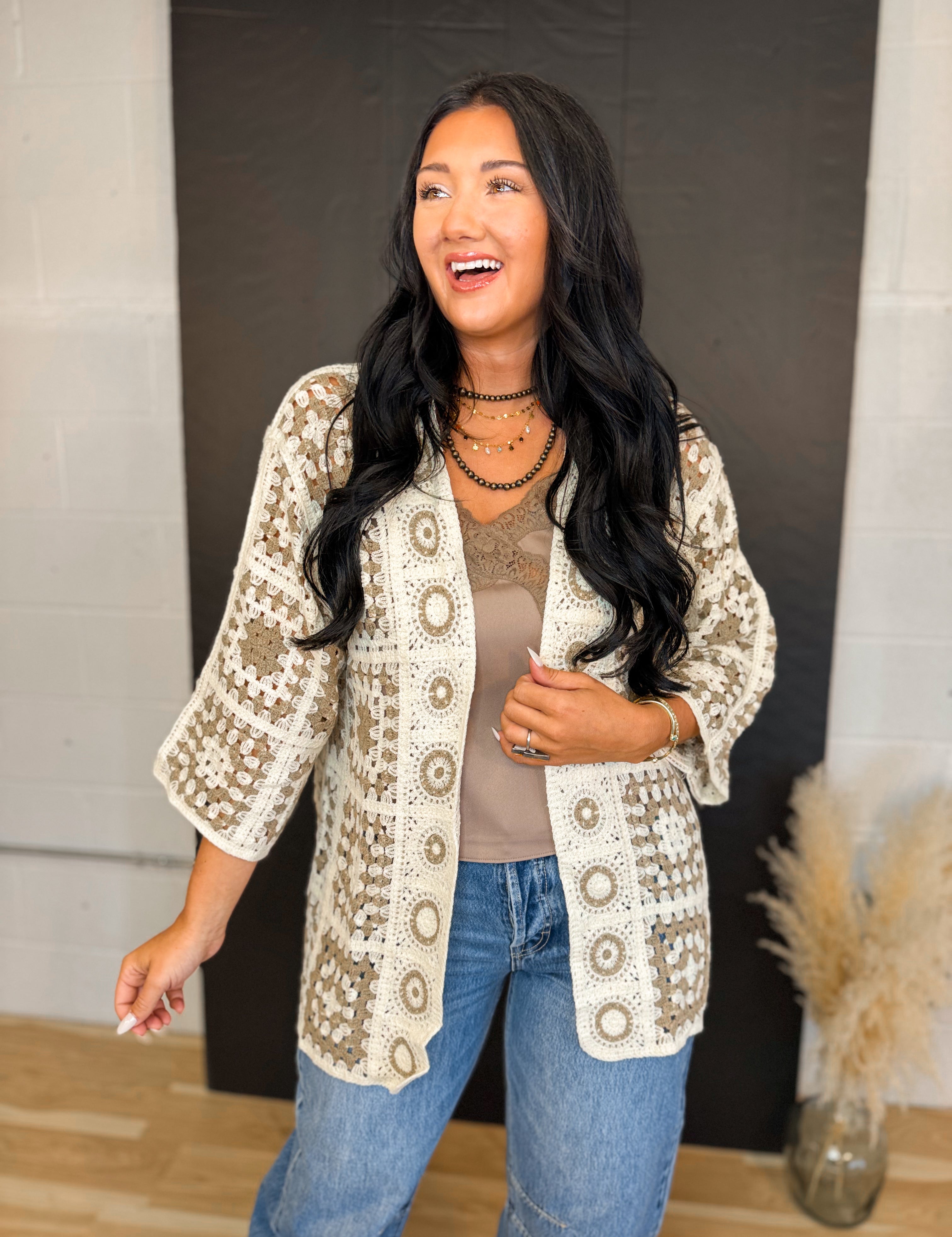 POL Granny Square Crochet Cardigan - Mocha Multi - Lace and Grace Boutique