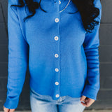 Raw Edge Neckline Button-Up Cardigan - Royal Blue
