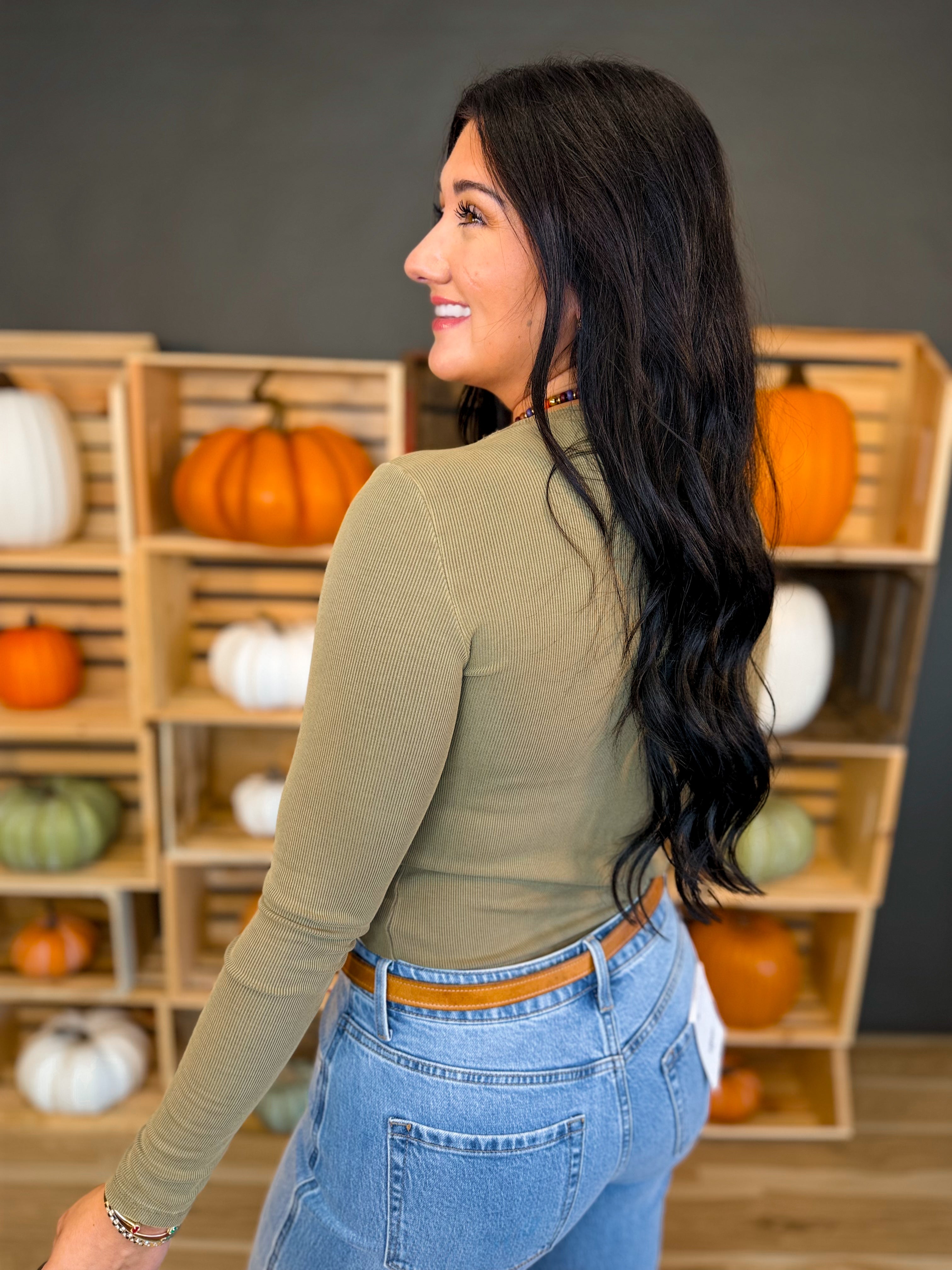 Basic Ribbed Crewneck Long Sleeve Top - Dark Olive - Lace and Grace Boutique
