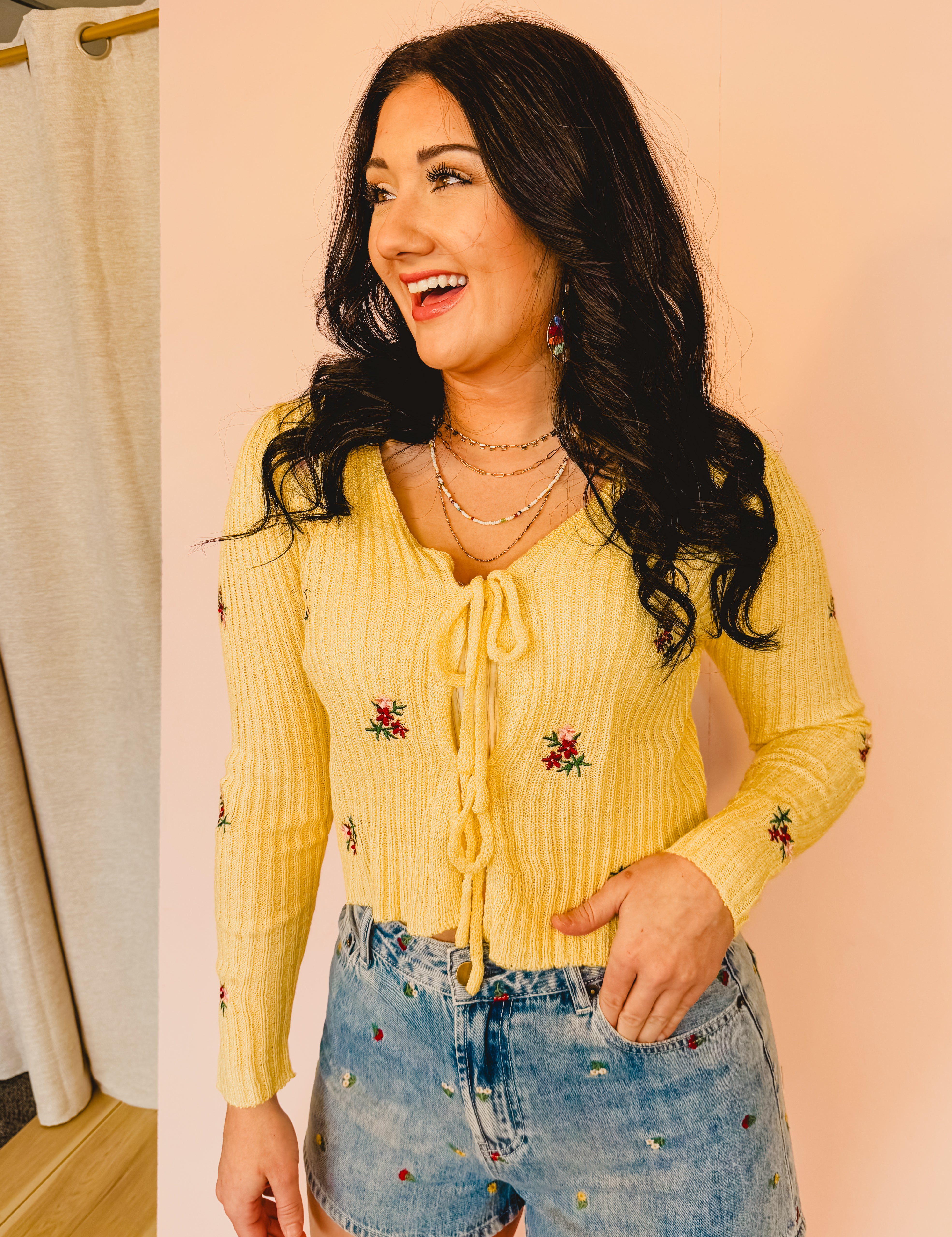 Embroidered Front Tie Cardigan - Butter - Lace and Grace Boutique