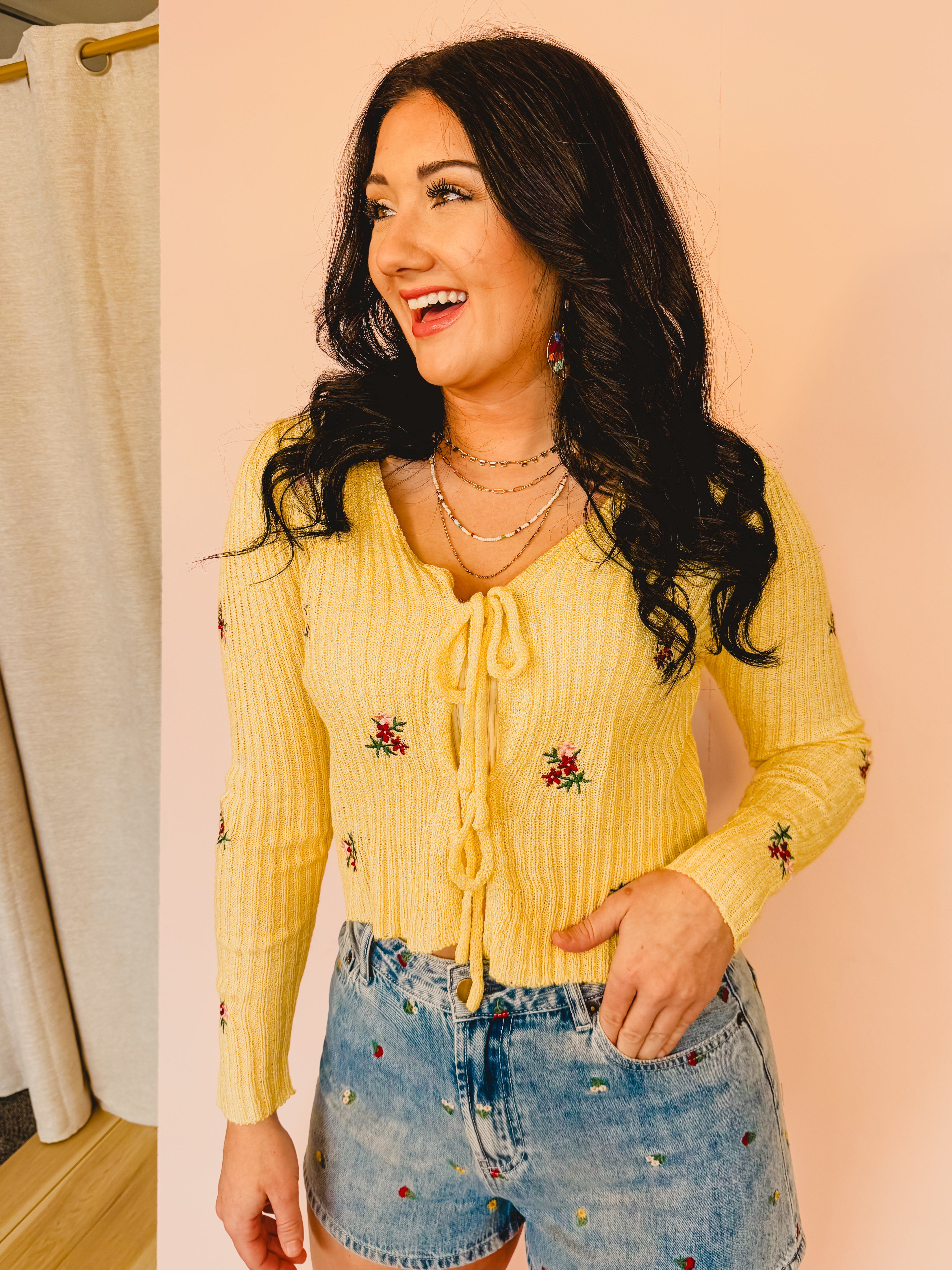 Embroidered Front Tie Cardigan - Butter - Lace and Grace Boutique