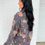 Washed Floral Print Button Up Top - Black