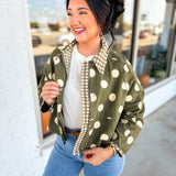 Polka Dot & Gingham Print Canvas Twill Jacket - Olive/Oatmeal