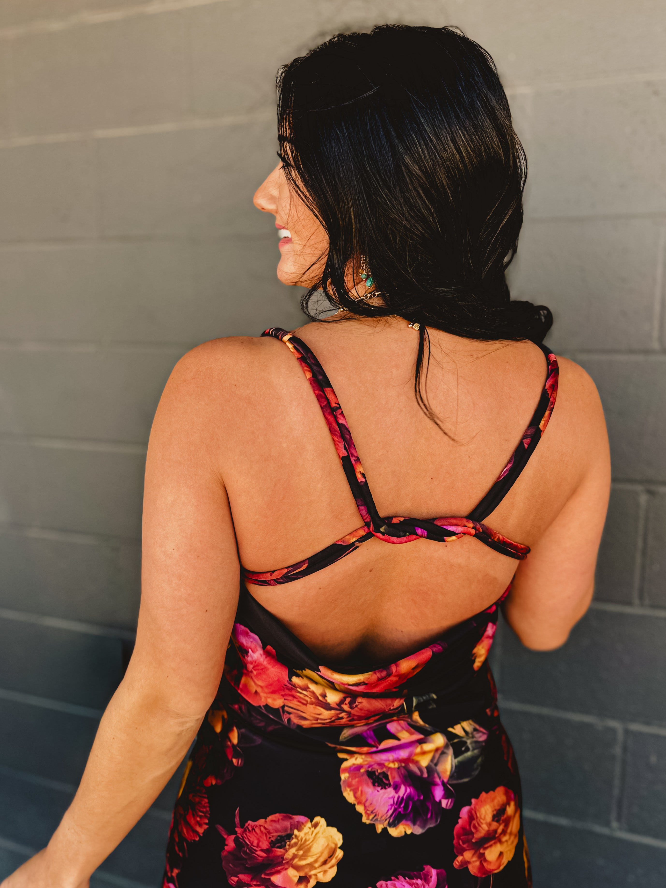 Golden Haze Twisted Strap Maxi Dress - Nightfall Bloom - Lace and Grace Boutique