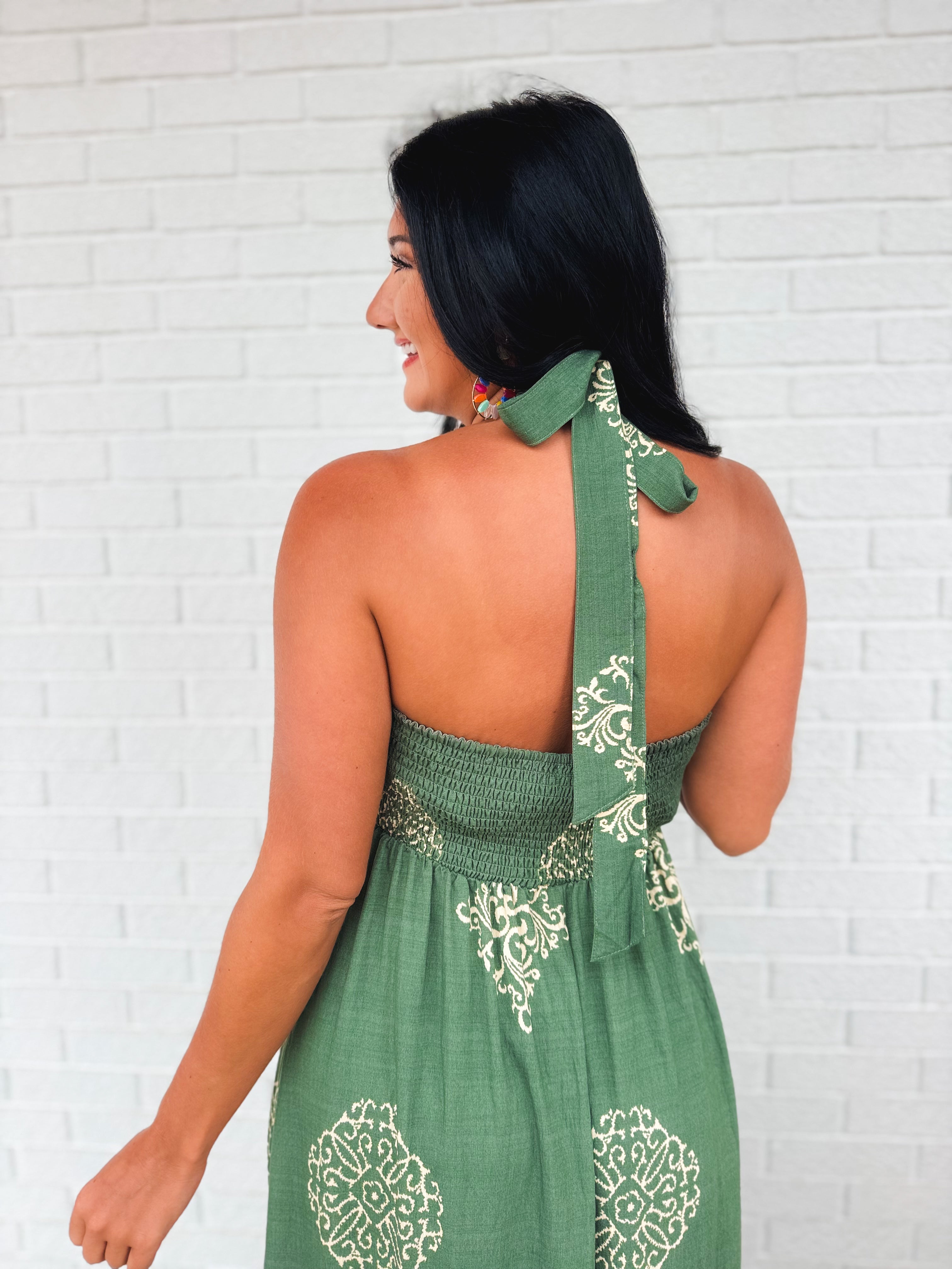 Smocked Border Print Maxi Dress - Rich Teal - Lace and Grace Boutique