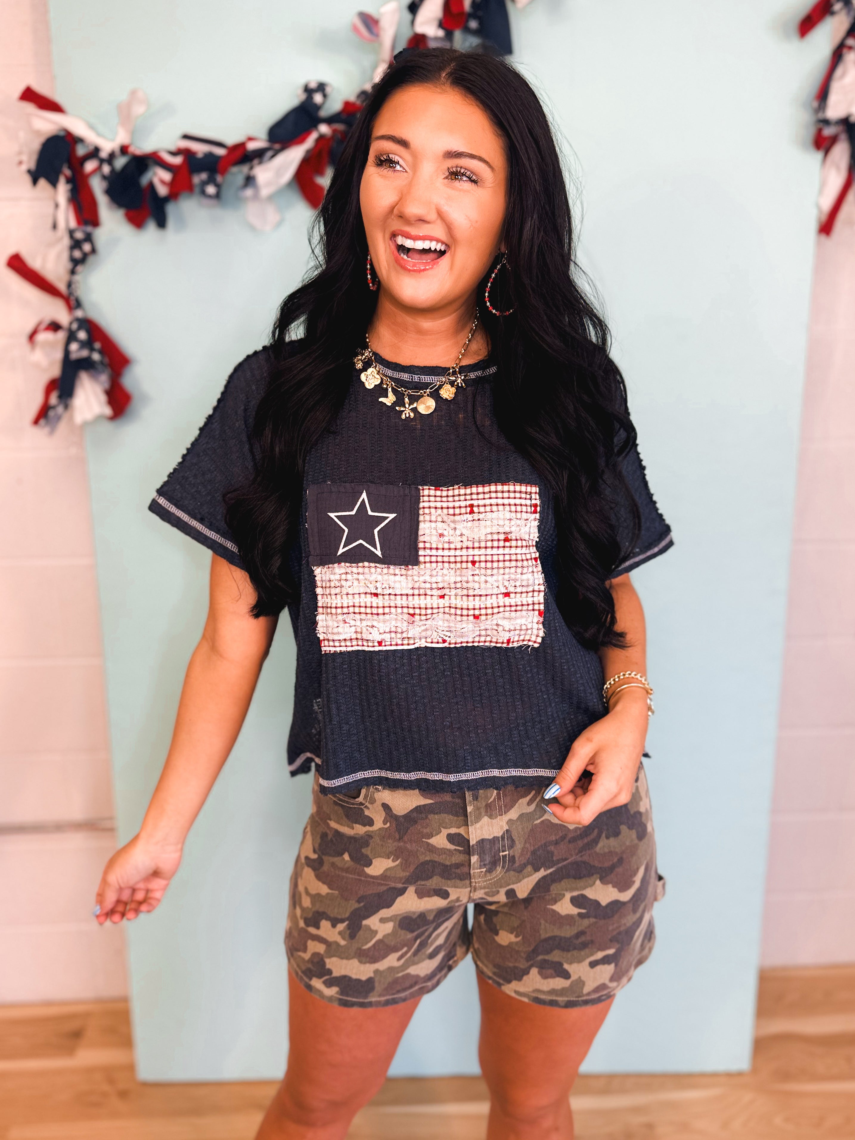 POL American Flag Patch Contrast Stitch Top - Navy - Lace and Grace Boutique