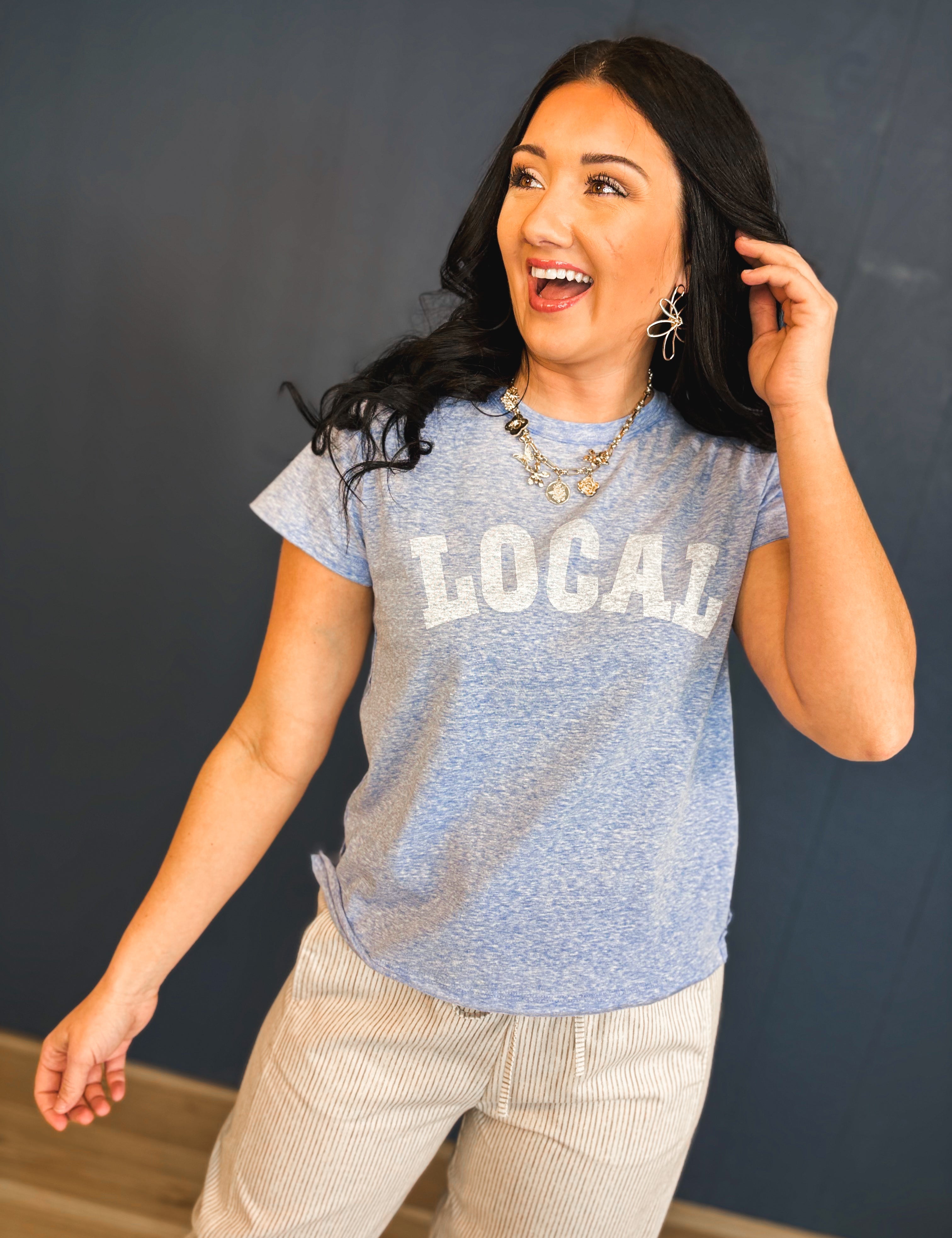 Local Raw Edge Heather Tee - Blue/White - Lace and Grace Boutique