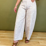Polka Dot Barrel Wide Leg Denim Pants - Taupe/Ivory - Lace and Grace Boutique