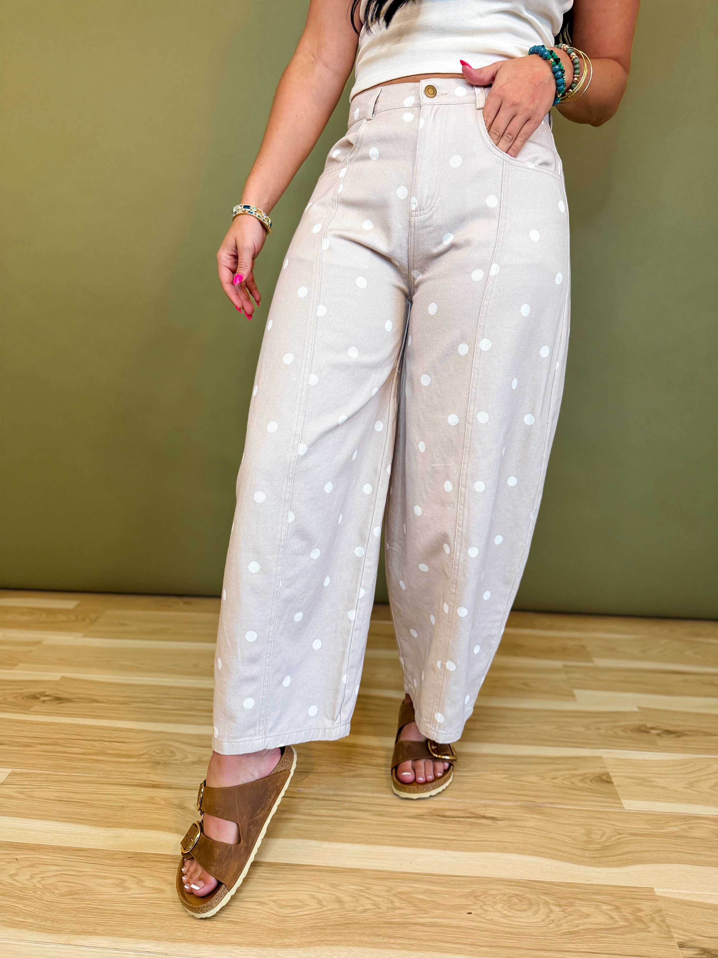 Polka Dot Barrel Wide Leg Denim Pants - Taupe/Ivory - Lace and Grace Boutique