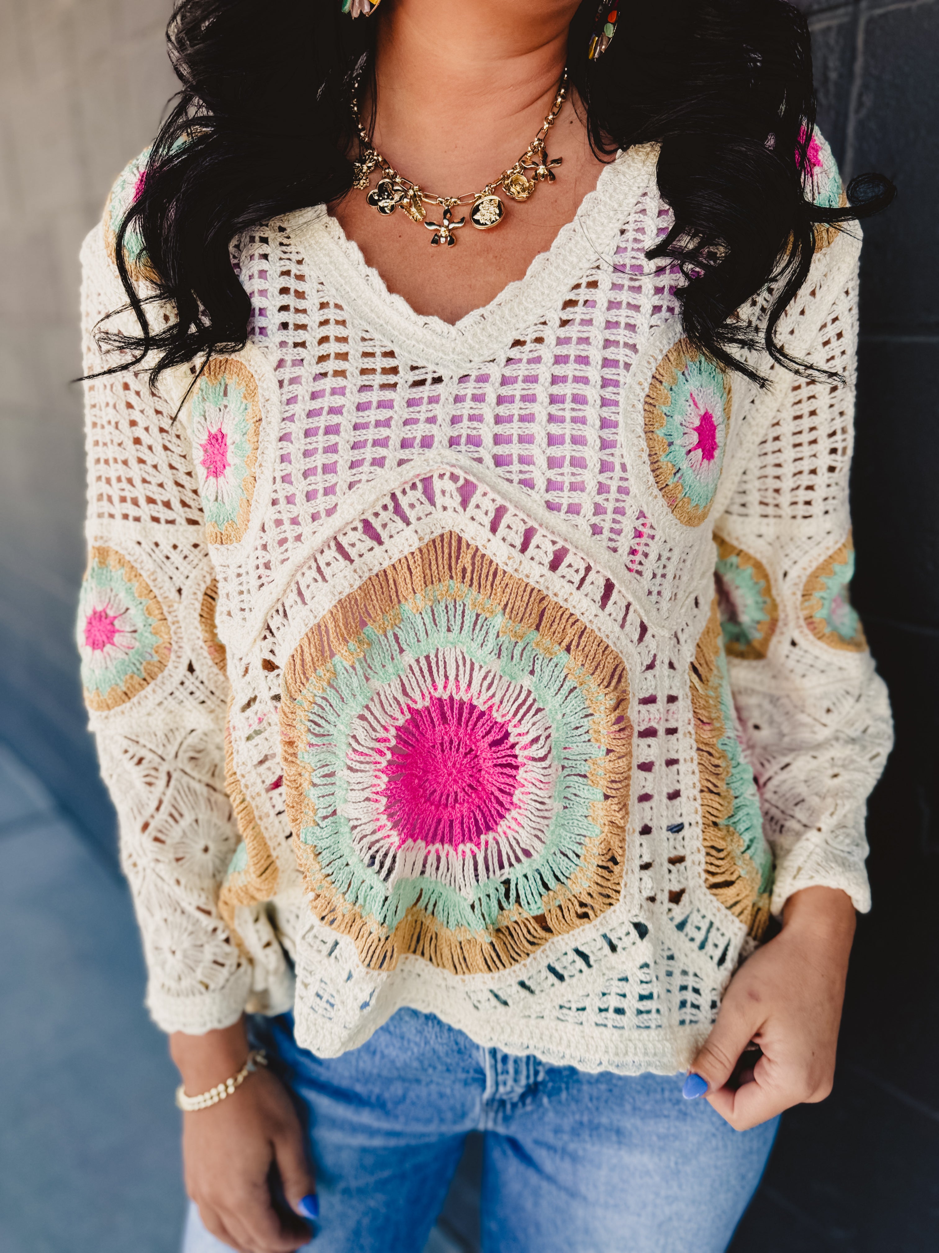 POL Granny Circle Scalloped Edge Crochet Top - Cream/Sage - Lace and Grace Boutique