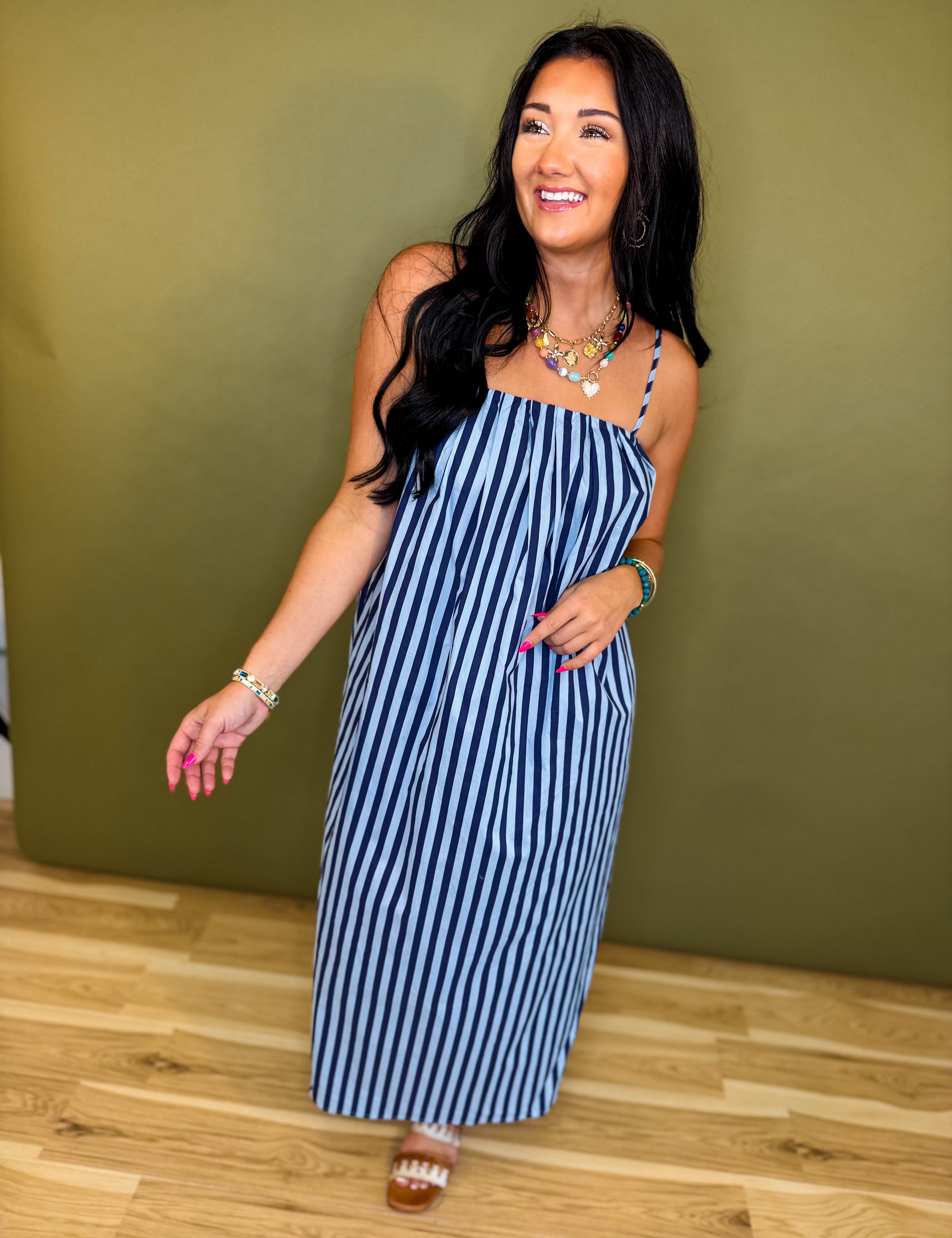 Striped Midi Dress - Blue/Navy - Lace and Grace Boutique