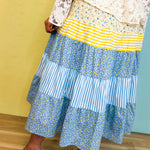 Floral & Stripe Printed Tiered Midi Skirt - Butter/Sky - Lace and Grace Boutique
