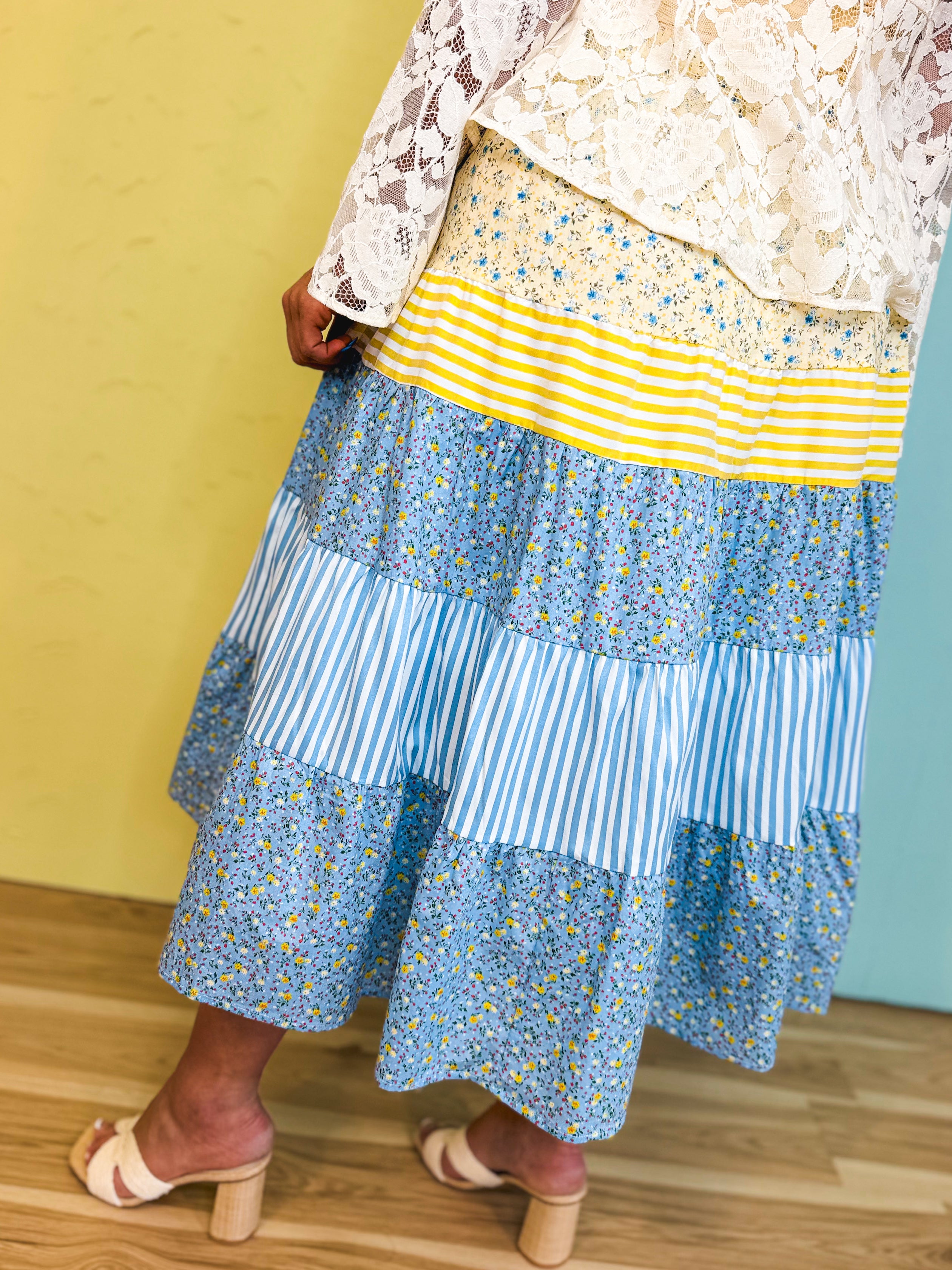 Floral & Stripe Printed Tiered Midi Skirt - Butter/Sky - Lace and Grace Boutique
