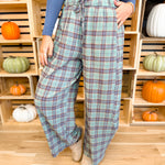 Plaid Crinkled Gauze Wide Leg Pants - Eucalyptus - Lace and Grace Boutique