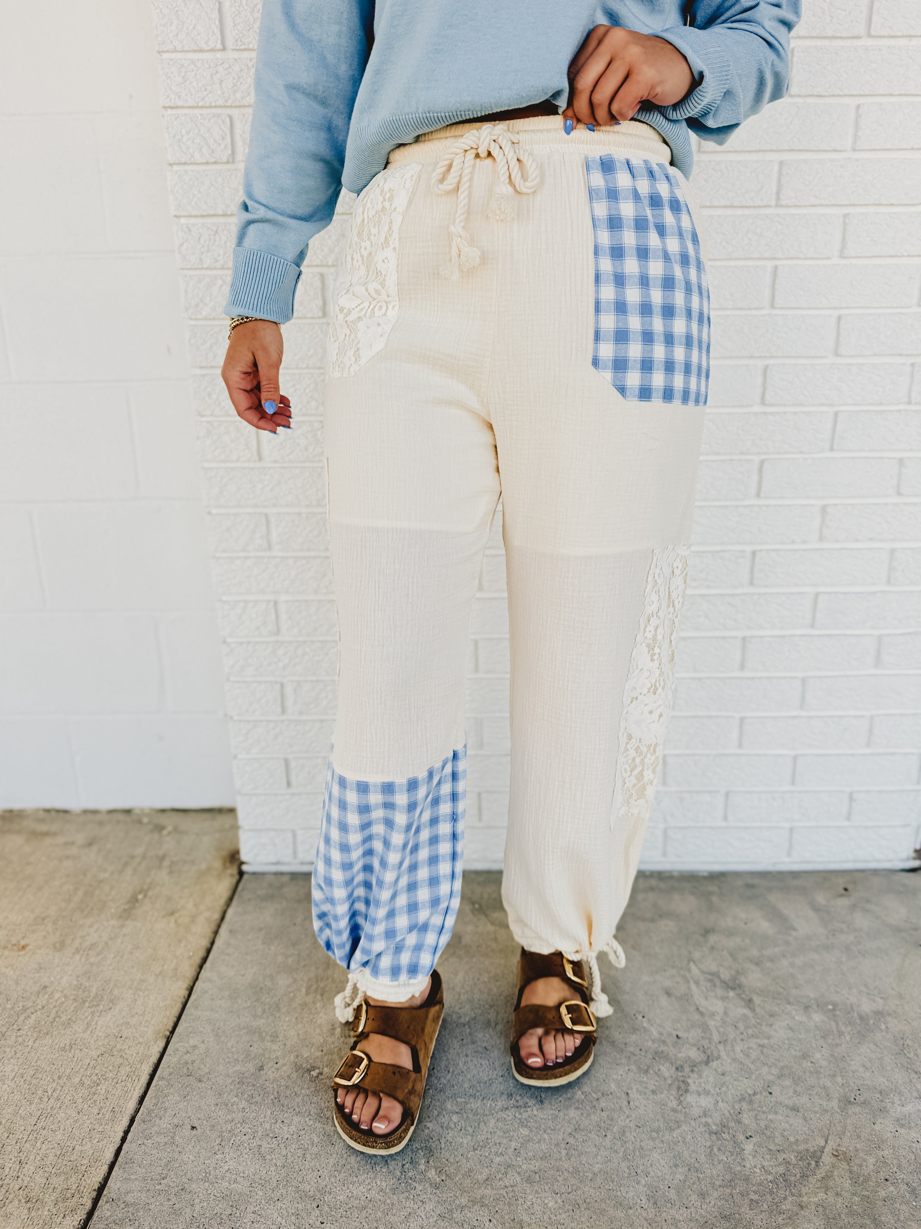 Patchwork Cotton Gauze Wide Leg Pants - Cream - Lace and Grace Boutique