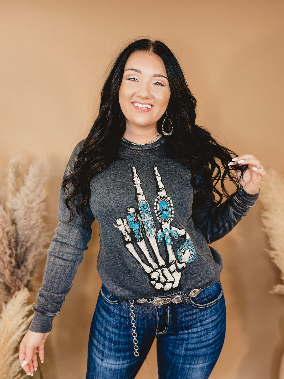 Skeleton Hand Mineral Washed Sweatshirt - Black - Lace and Grace Boutique