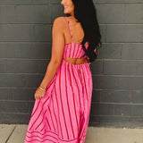 Striped Woven Cotton Flare Midi Dress - Pink Multi - Lace and Grace Boutique