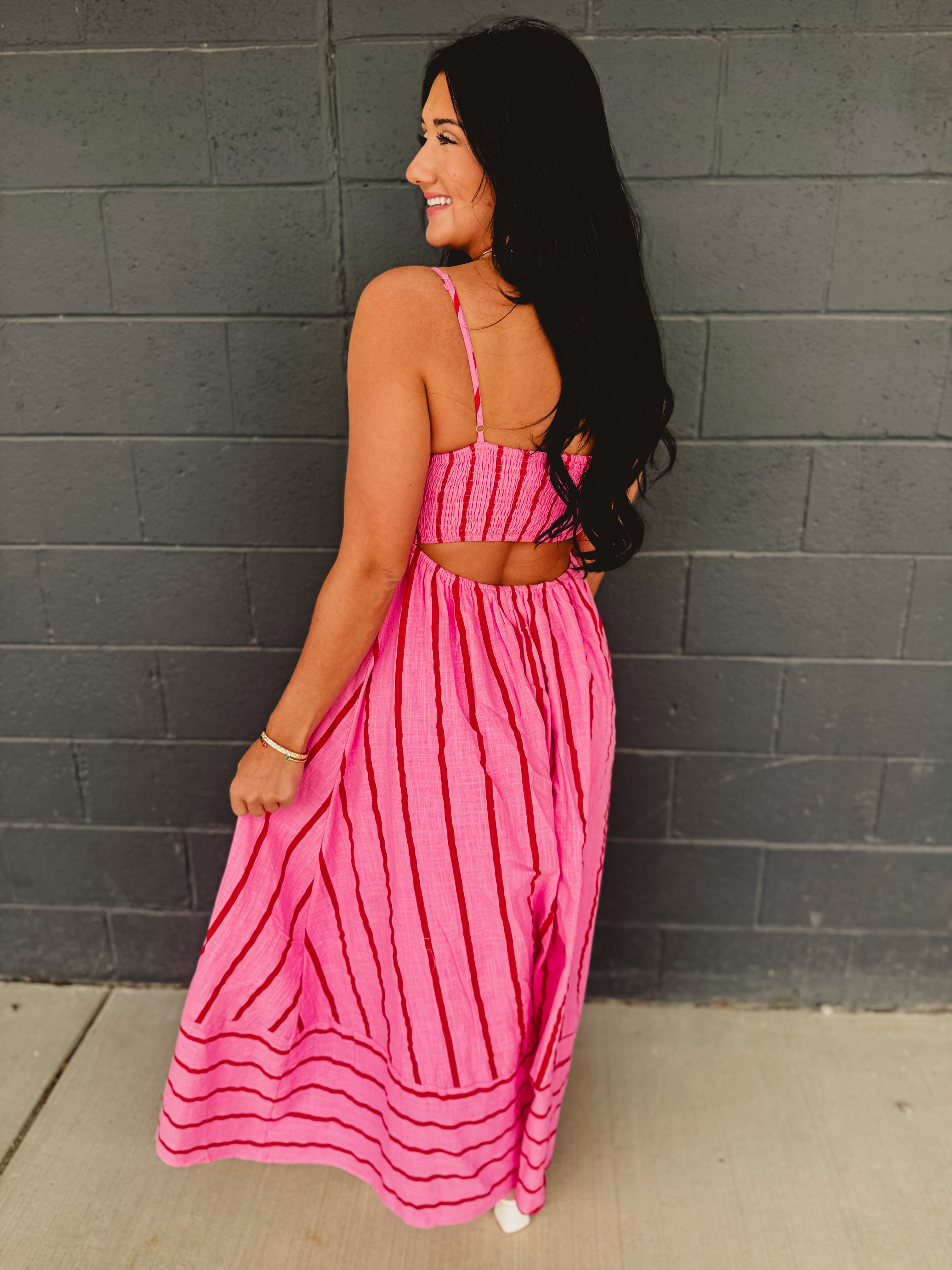 Striped Woven Cotton Flare Midi Dress - Pink Multi - Lace and Grace Boutique