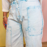 Color Wash Patchwork Wide Leg Pants - Blue - Lace and Grace Boutique