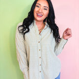 Oversized Striped Button Down Top - Sage - Lace and Grace Boutique