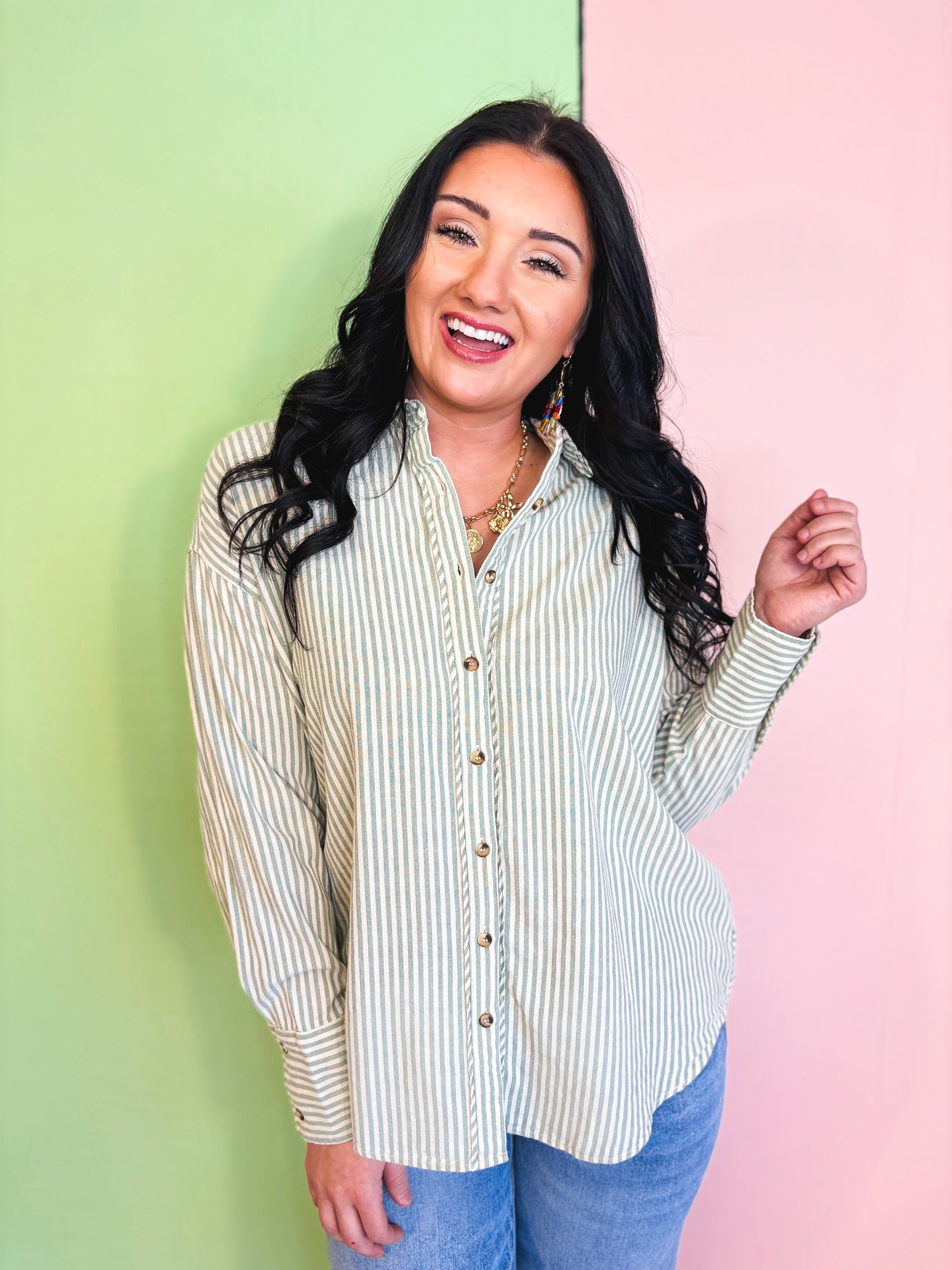 Oversized Striped Button Down Top - Sage - Lace and Grace Boutique