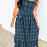 Plaid Shoulder Tie Cotton Maxi Dress - Green/Navy