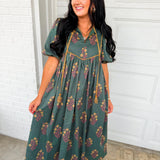 Floral Contrast Trim Puff Sleeve Maxi Dress - Dark Forest Green