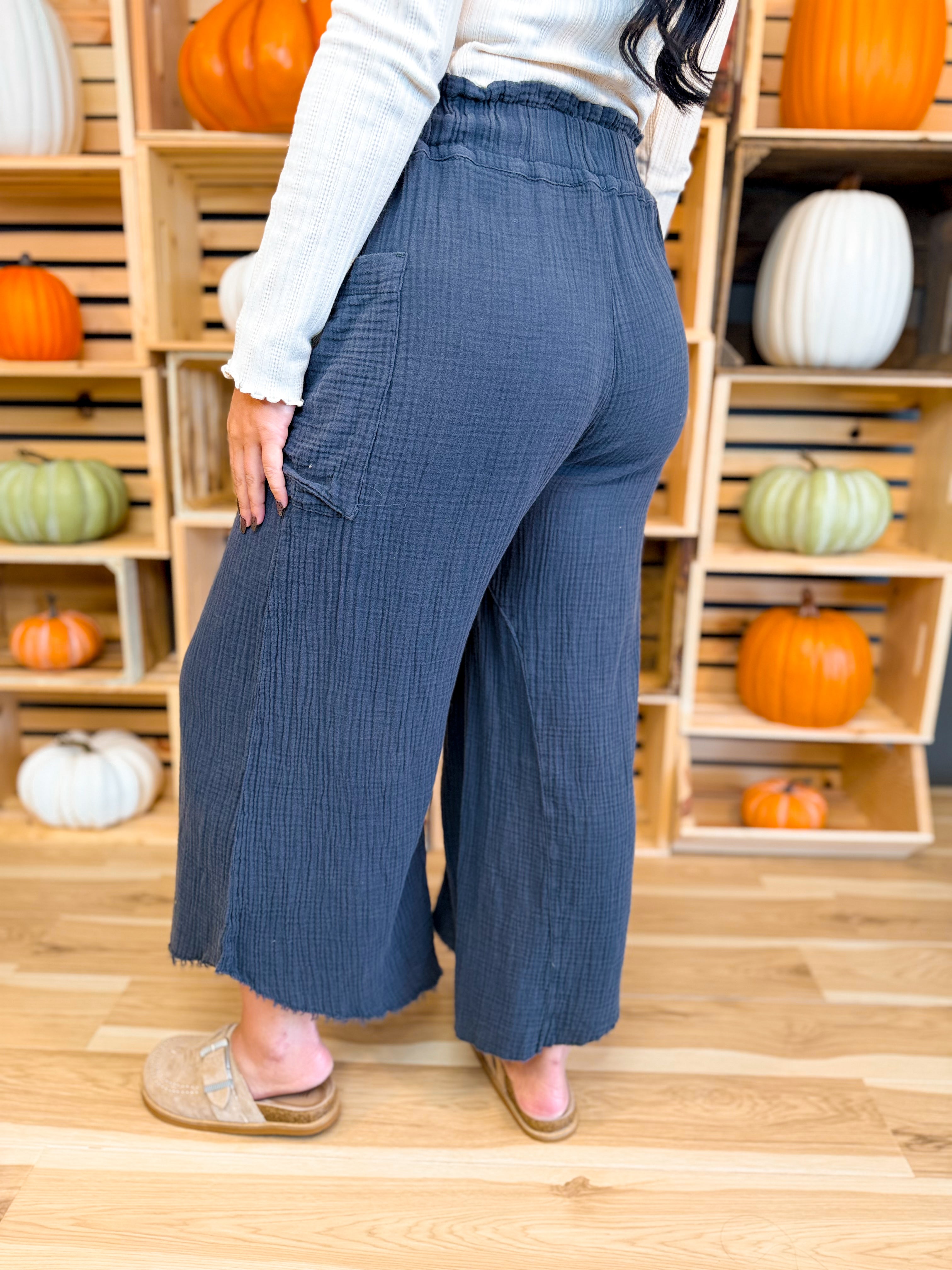 Mineral Wash Cotton & Linen Culotte Pants - Charcoal - Lace and Grace Boutique