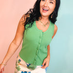 Button Up Ribbed Knit Tank Top - Pistachio - Lace and Grace Boutique