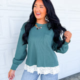 Lace Trim Thermal Knit Top - Dark Teal