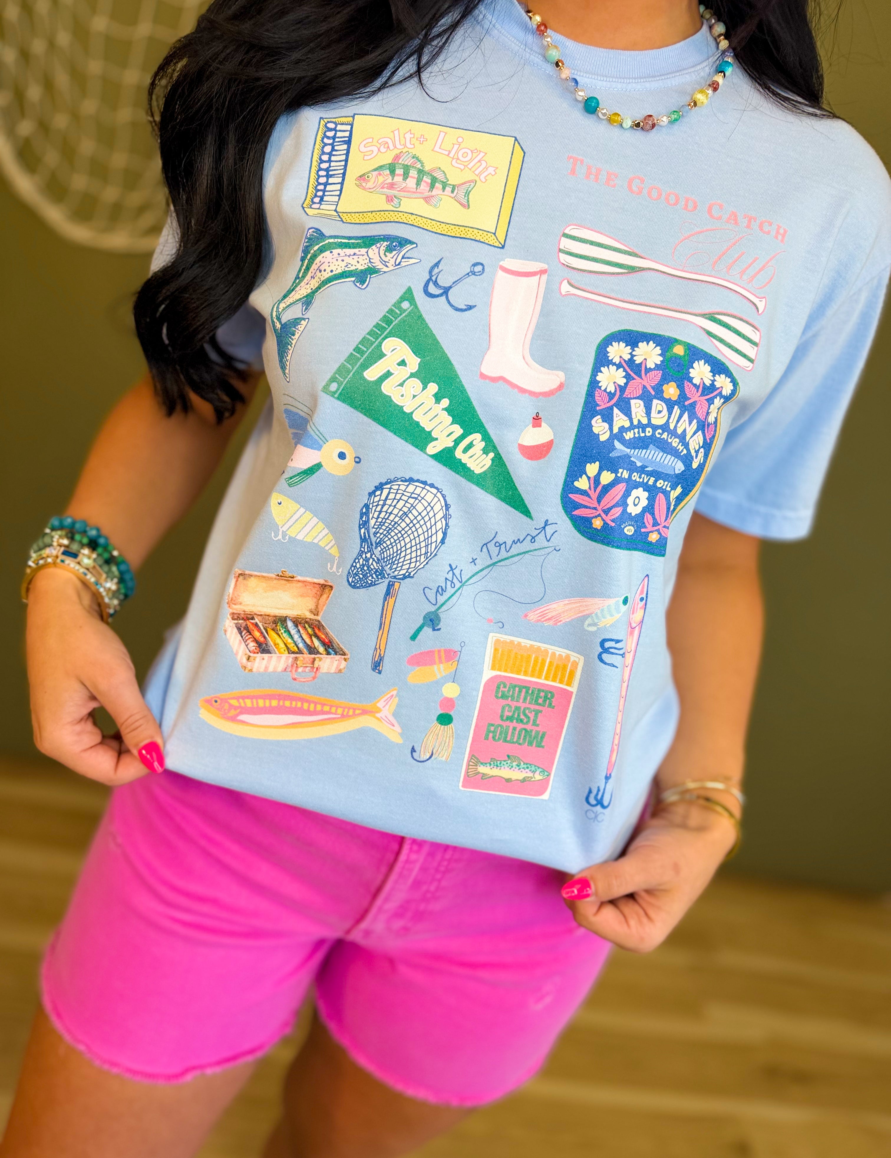 Fishing Club Match Box Graphic Tee - Hydrangea - Lace and Grace Boutique