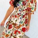Autumn Blooms Floral Smocked Midi Dress - Ivory