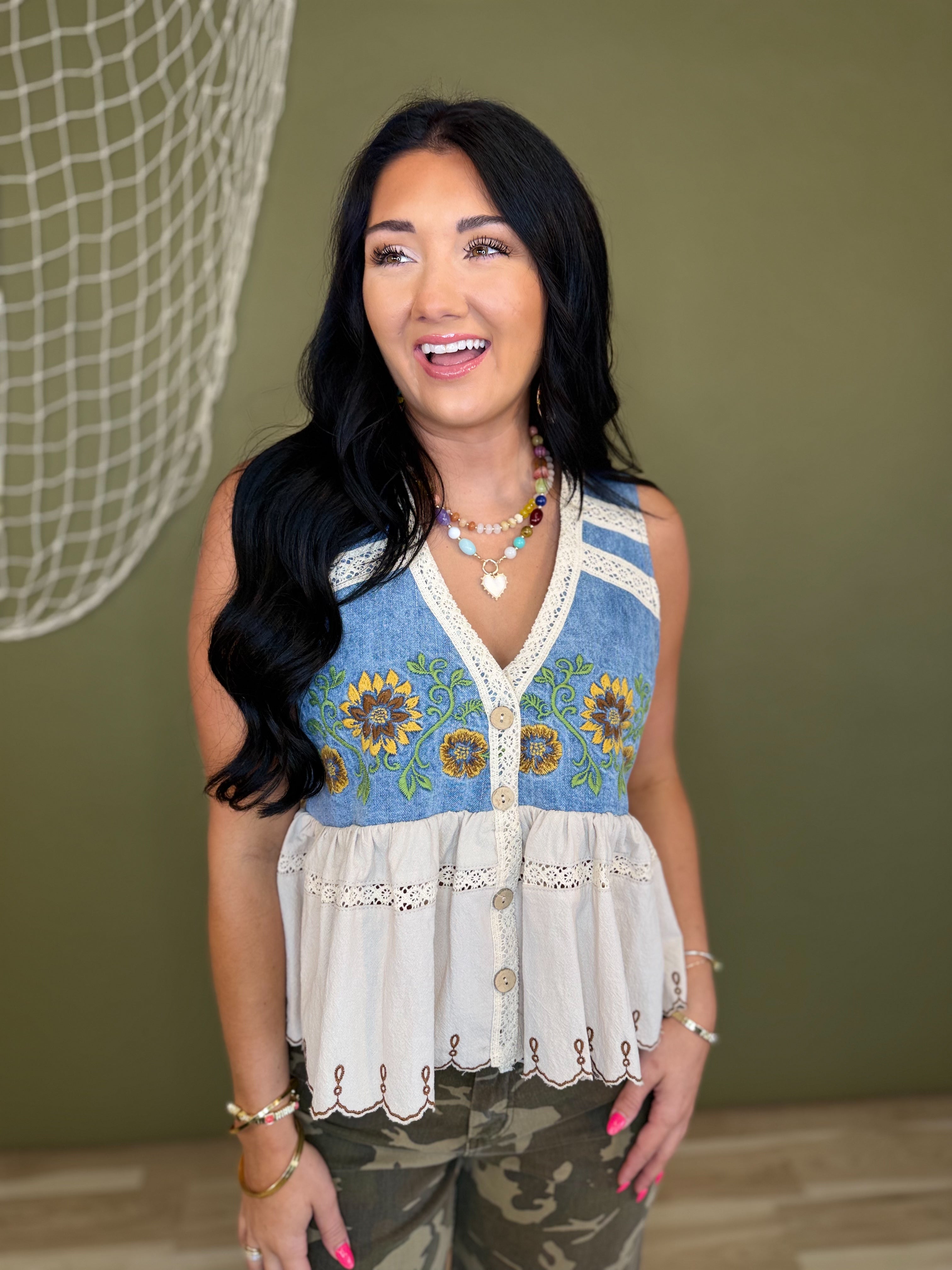 Oli & Hali Sunflower Embroidery Washed Denim Vest - Lace and Grace Boutique