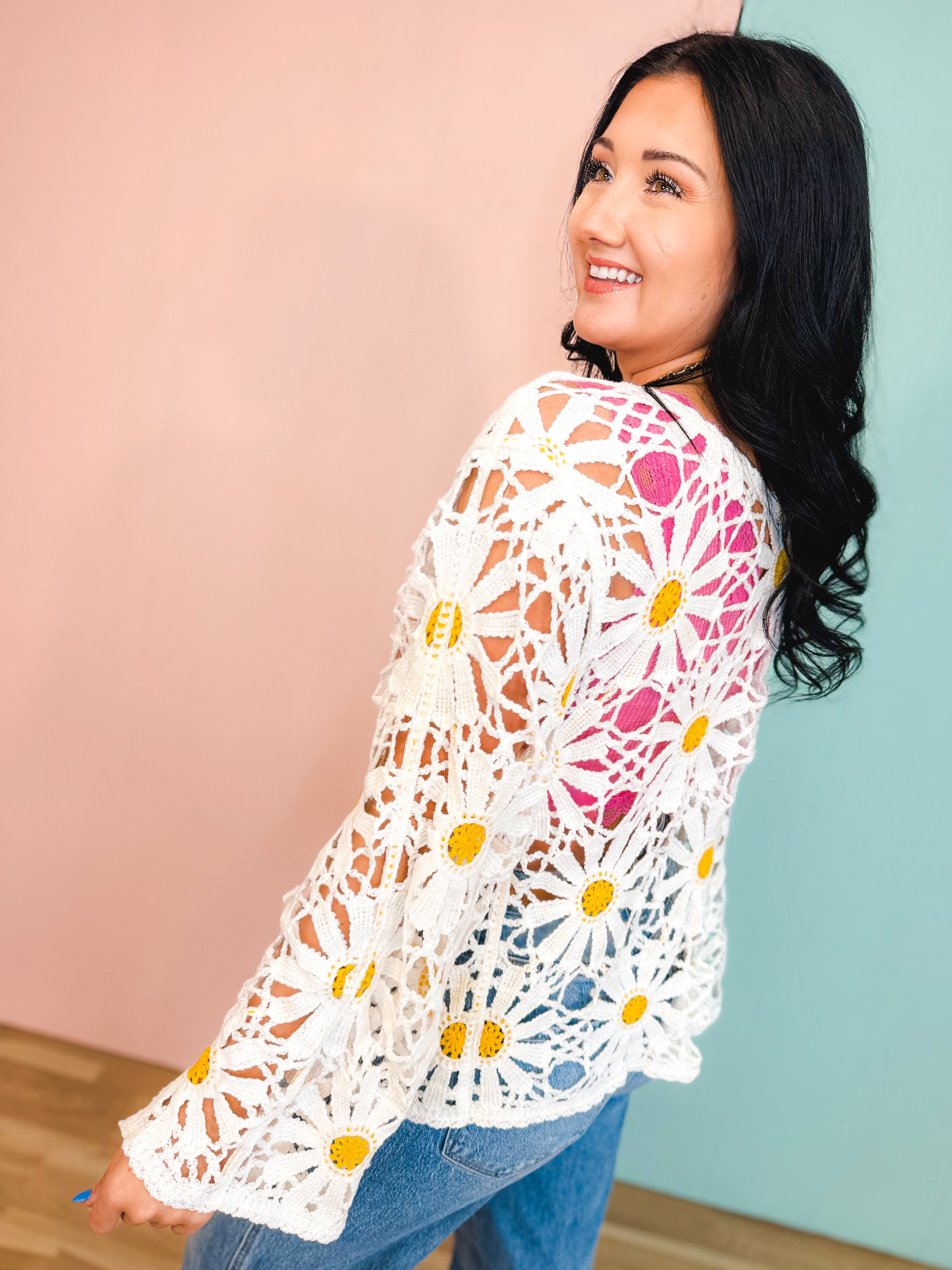 POL Floral Crochet Open Knit Cardigan - White - Lace and Grace Boutique