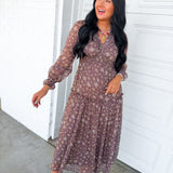 Smocked Floral Ruffle Detail Maxi Dress - Chestnut